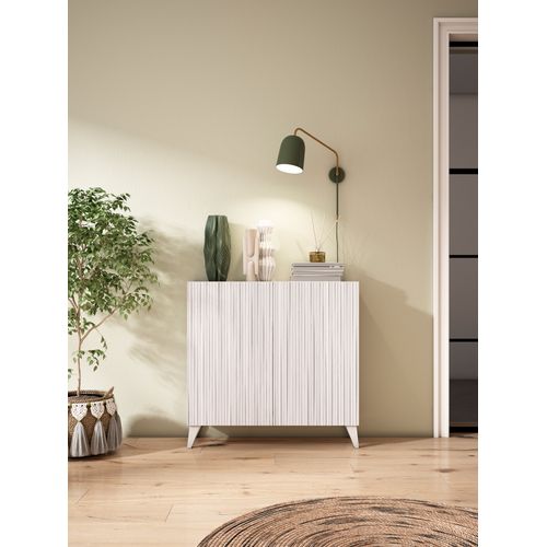 Meuble à Chaussures Modèle Sunne, Blanc Antique Portes Effet Lattes, 87x90x27 Cm