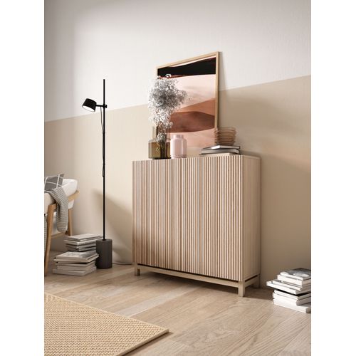 Meuble à Chaussures Modèle Copenhague, Noyer Clair Portes Naturel Effet Lattes, 87x90x27 Cm