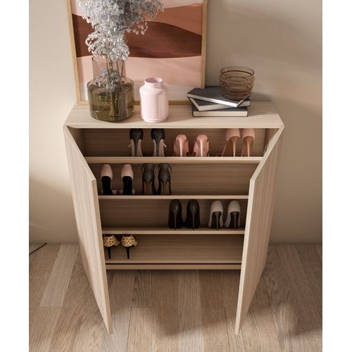 Meuble à Chaussures Modèle Copenhague, Noyer Clair Portes Naturel Effet Lattes, 87x90x27 Cm