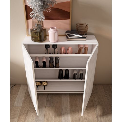 Meuble à Chaussures Modèle Copenhague, Blanc Antique Portes Effet Lattes, 87x90x27 Cm