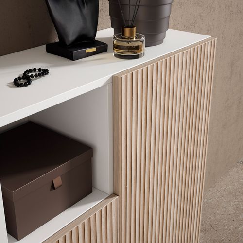 Meuble à Chaussures Modèle Moss, Blanc Portes Naturel Effet Lattes, 87x90x27 Cm