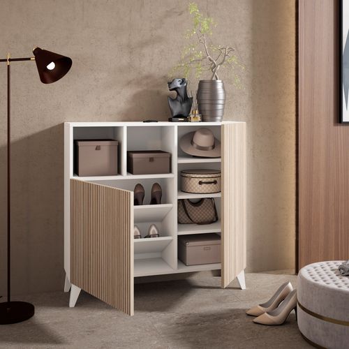 Meuble à Chaussures Modèle Moss, Blanc Portes Naturel Effet Lattes, 87x90x27 Cm