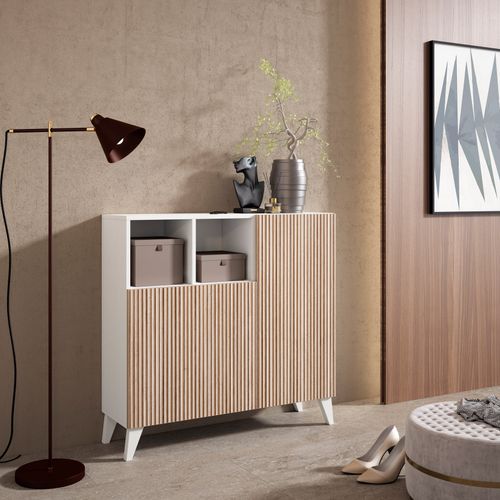 Meuble à Chaussures Modèle Moss, Blanc Portes Naturel Effet Lattes, 87x90x27 Cm