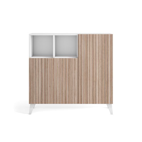 Meuble à Chaussures Modèle Moss, Blanc Portes Naturel Effet Lattes, 87x90x27 Cm