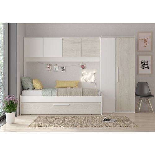 Lit gigogne 90x200 cm avec pont de lit ARTIK imitation chêne et blanc