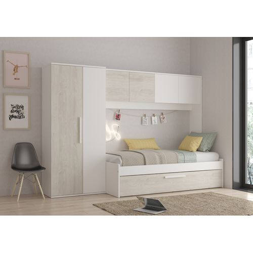 Lit gigogne 90x200 cm avec pont de lit ARTIK imitation chêne et blanc