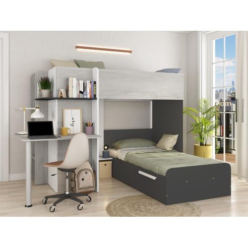 Lits Superposés D'angle 2 X 90 X 190 Cm - Avec Bureau - Gris, Blanc Et Noir - Samuel