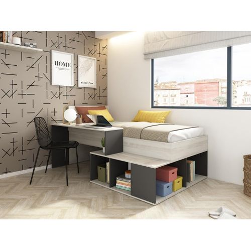 Lit 90x200 cm avec bureau et rangements BLAKE imitation chêne et noir