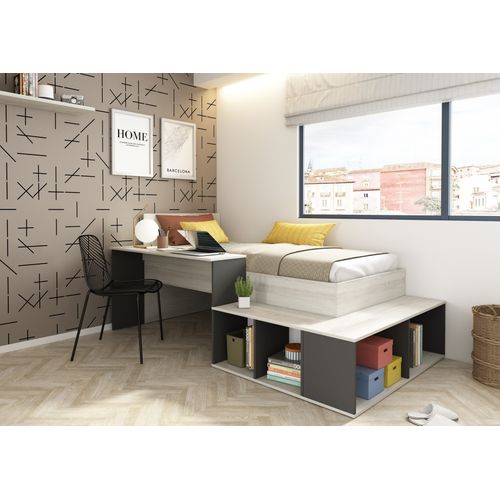 Lit 90x200 cm avec bureau et rangements BLAKE imitation chêne et noir