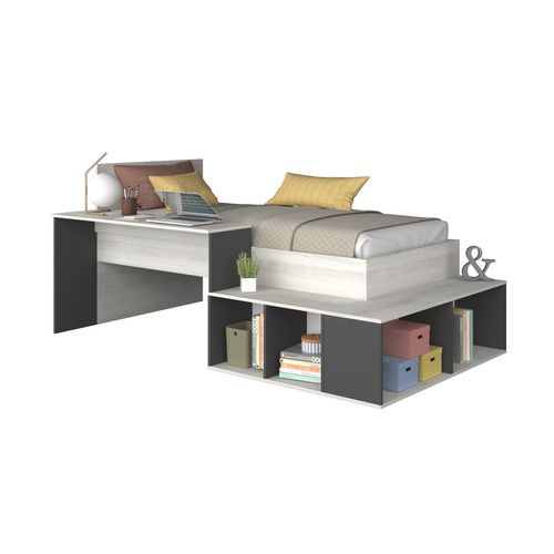 Lit 90x200 cm avec bureau et rangements BLAKE imitation chêne et noir