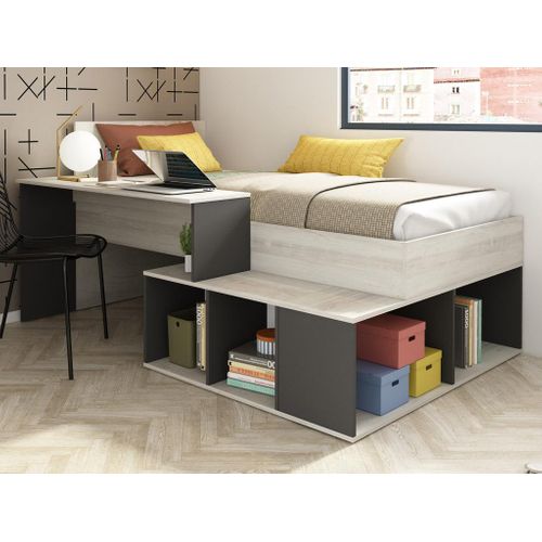 Lit 90x200 cm avec bureau et rangements BLAKE imitation chêne et noir