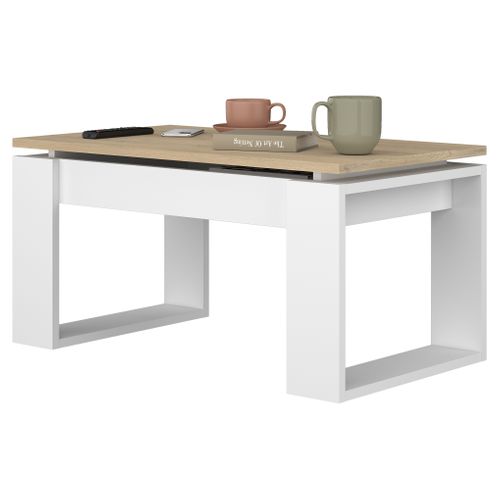 Table basse avec plateau relevable COSMIT imitation chêne et blanc
