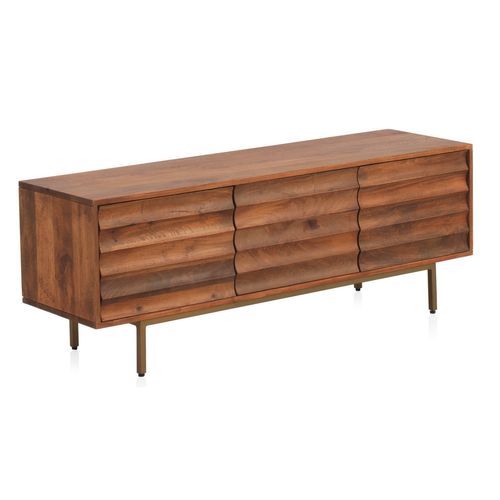 Meuble TV 3 Portes En Bois De Manguier Massif Et Pieds En Métal Doré