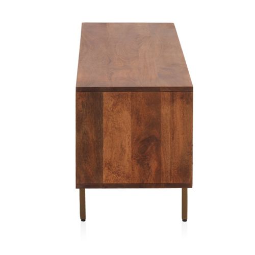 Meuble TV 3 Portes En Bois De Manguier Massif Et Pieds En Métal Doré