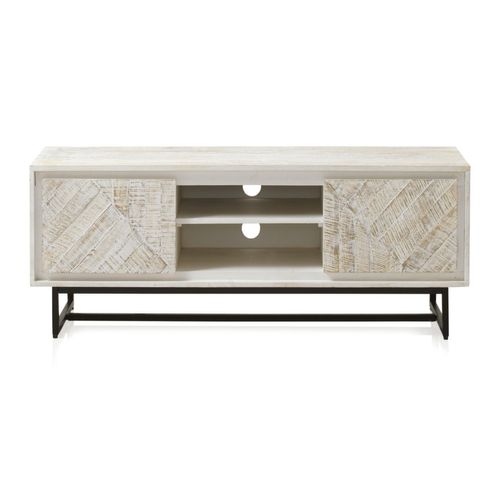 Meuble TV En Manguier Massif Patiné Blanc