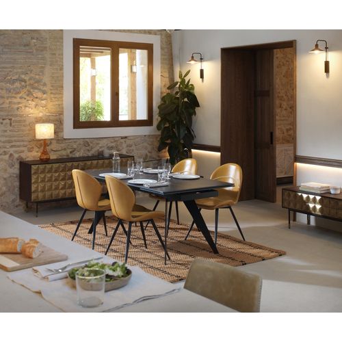 Meuble TV 4 Portes En Manguier Massif Avec Façade En Laiton Doré