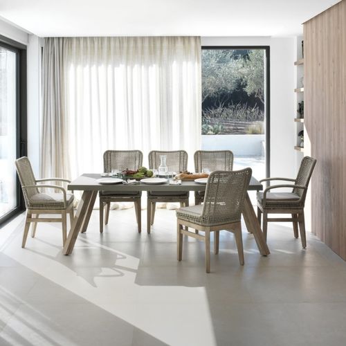 Table En Acacia Avec Plateau En Ciment Gris Clair 200x90 Cm