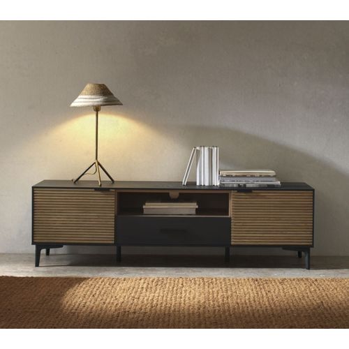 Meuble TV Plaqué En Frêne Noir Avec Portes Naturelles