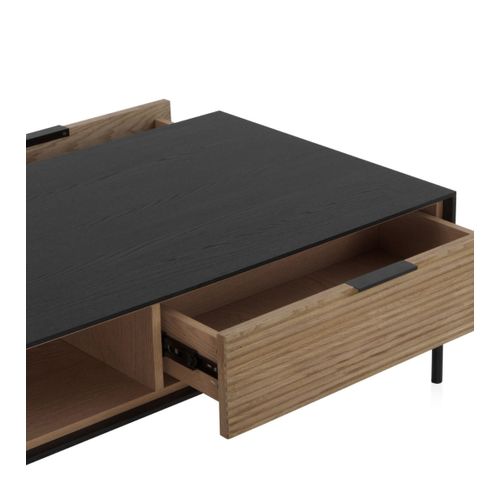 Table Basse Avec Placage En Frêne Noir Et Pieds En Métal Noir