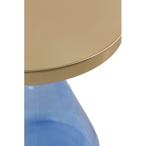 Table D'appoint Avec Base En Verre Bleu Et Plateau En Métal Doré