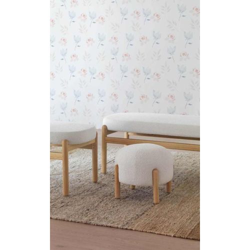 Pouf Tapissé En Boucle Blanche Avec Structure Et Pieds En Pin Naturel