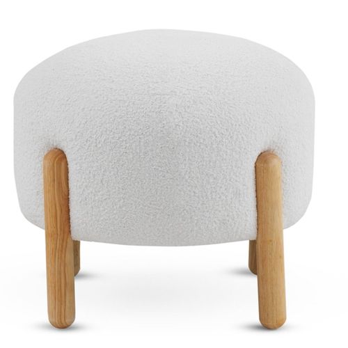 Pouf Tapissé En Boucle Blanche Avec Structure Et Pieds En Pin Naturel