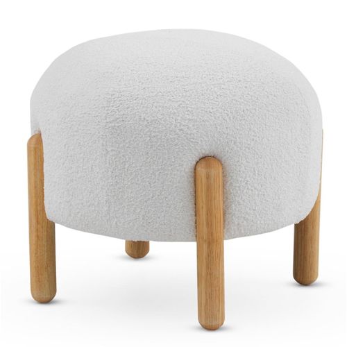 Pouf Tapissé En Boucle Blanche Avec Structure Et Pieds En Pin Naturel
