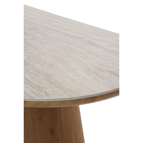 Table De Salle à Manger Ovale En Placage De Chêne Avec Plateau Céramique En Marbre Travertin