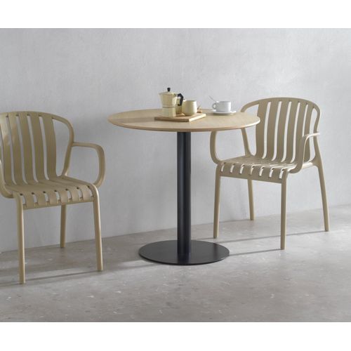 Table En Mélamine Frêne 80 De Diamètre, Pied En Métal Noir