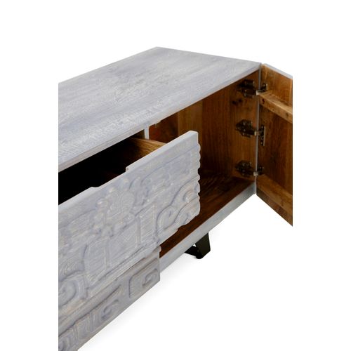 Meuble TV 2 Portes Et 2 Tiroirs Gris En Bois De Manguier