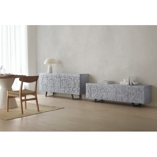 Meuble TV 2 Portes Et 2 Tiroirs Gris En Bois De Manguier