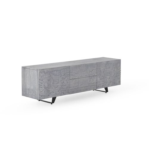 Meuble TV 2 Portes Et 2 Tiroirs Gris En Bois De Manguier