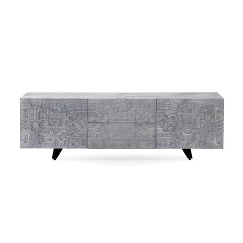 Meuble TV 2 Portes Et 2 Tiroirs Gris En Bois De Manguier