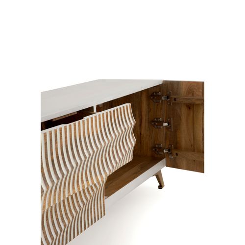 Meuble TV 2 Portes Et 2 Tiroirs Patiné Blanc En Bois De Manguier