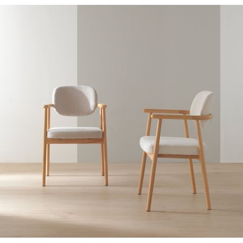 Lot De 4 Fauteuils En Chêne Naturel Tapissés En Beige