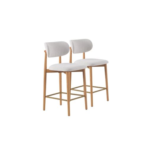 Lot De 2 Tabourets Avec Dossier En Chêne Naturel Tapissés En Blanc