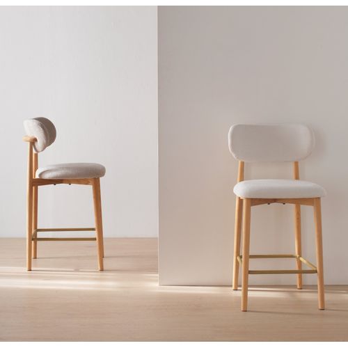 Lot De 2 Tabourets Avec Dossier En Chêne Naturel Tapissés En Beige