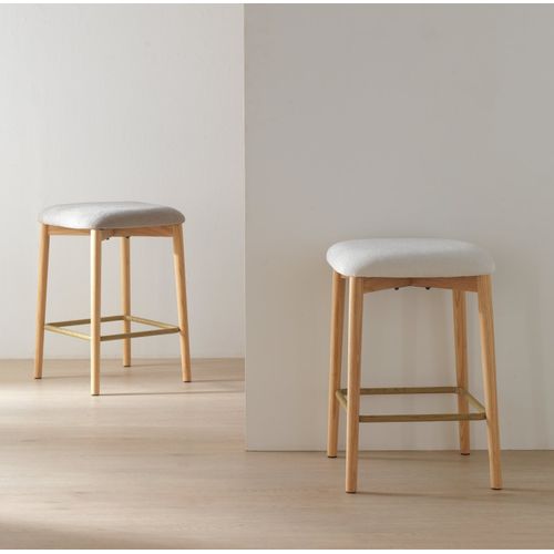 Lot De 2 Tabourets En Bois De Chêne Naturel Tapissés En Beige