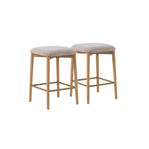 Lot De 2 Tabourets En Bois De Chêne Naturel Tapissés En Beige