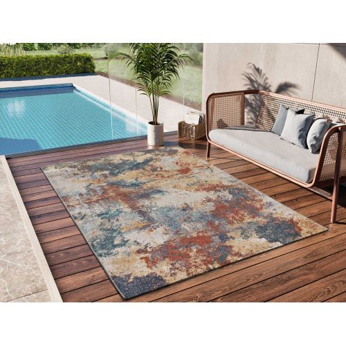 Tapis Extérieur Abstrait Luna 54569 Bleu/beige/rouille 120x170 Cm