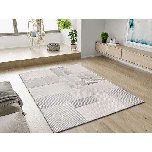 Tapis Géométrique à Relief Baresa 12943 Gris/crème 80x150 Cm