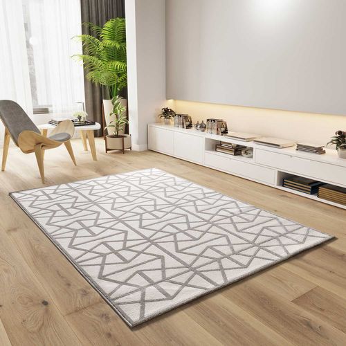 Tapis Géométrique à Relief Flora 12937 Blanc/gris 80x150 Cm