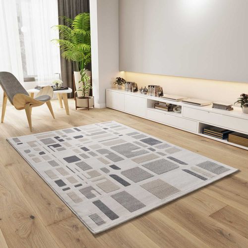 Tapis Géométrique à Relief Flora 12955 Blanc/beige/gris 80x150 Cm