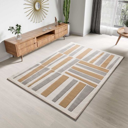 Tapis Géométrique à Relief Flora 12967 Blanc/beige/gris 133x190 Cm
