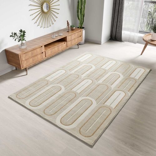 Tapis Géométrique à Relief Flora 12968 Blanc/beige 80x150 Cm