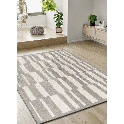 Tapis Géométrique à Relief Baresa 12940 Gris/blanc 133x190 Cm