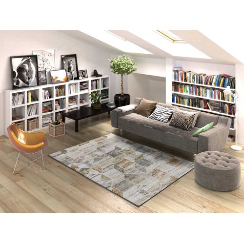 Tapis Géométrique Kilis 3345 Crème/bleu/moutarde 77x150 Cm