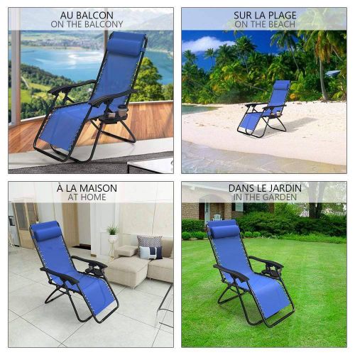 Lot De 2 Chaise Longue Inclinable En Textilene Avec Porte Gobelet Et Portable Bleue