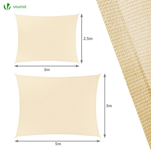 Voile D'ombrage Rectangulaire 3 x 5m Avec 24pcs Kit De Fixation Ivoire