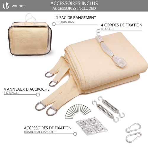 Voile D'ombrage Rectangulaire 3 x 5m Avec 24pcs Kit De Fixation Ivoire